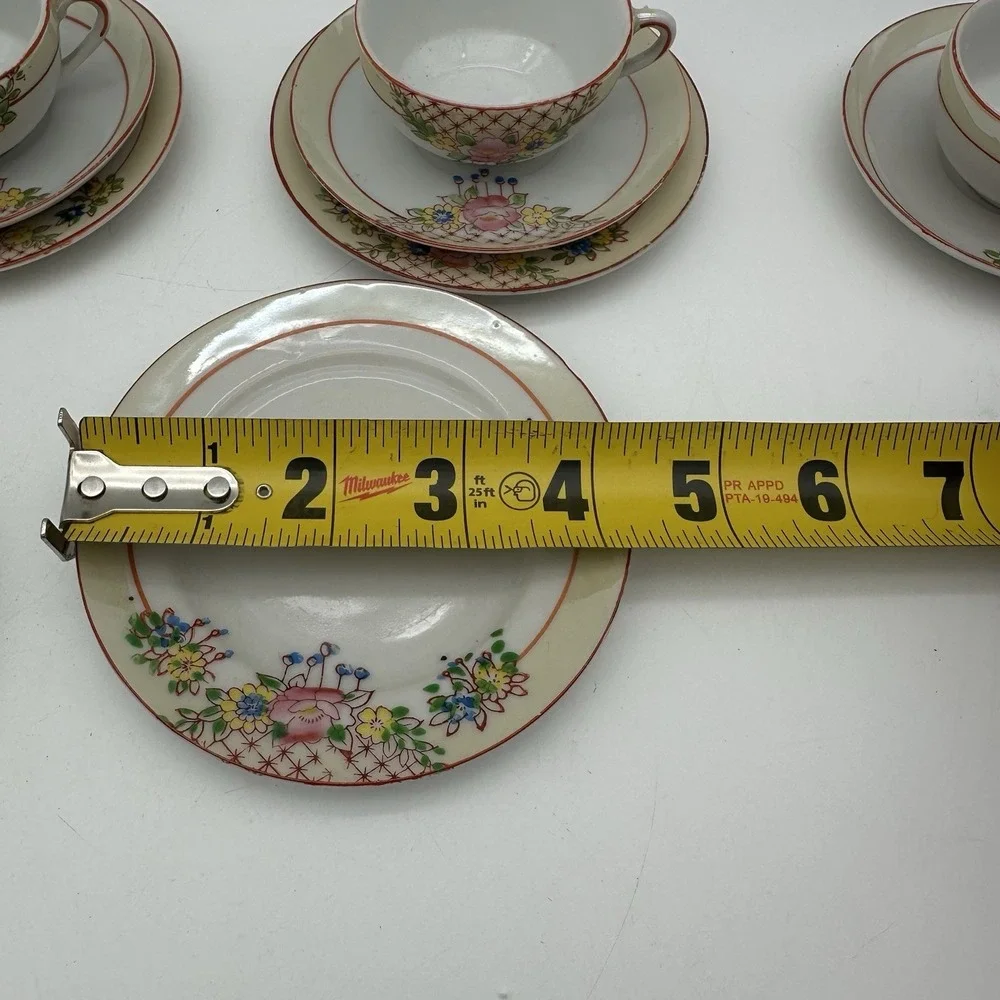 Vintage China Floral Demitasse Cup & Saucer 5 Sets Mini Red Trim Childs Tea Size
